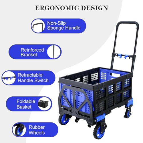 2 in 1 Folding Hand Truck with Folding Basket,Heavy Duty Hand Truck Dolly 330lbs Capacity with Telescoping Handle and Rubber Wheels,Portable Dolly Cart with Bungee Cords for Moving