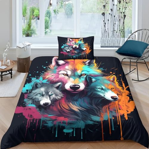 Housse de couette loup avec taies d'oreiller, parure de lit 3 pièces pour enfant et adulte