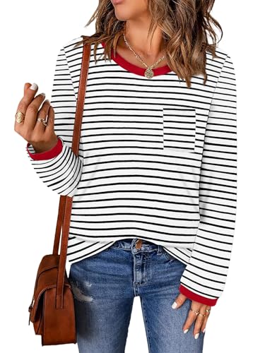 ONLYSHE Women's Casual Striped Long Sleeve Tops Crew Neck Knit Basic Loose Fit T Shirts Fall Fashion Tunic Outfits