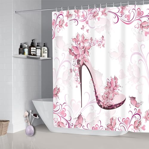 VODRM High Heel Schuh Duschvorhang für Frauen Schmetterlinge & Herzen Badezimmer Premium Polyestergewebe wasserdicht & waschbar rosa & weiß Gardinen mit 12 Haken für Zuhause Bad Dekor Geschenk