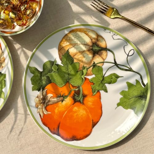 Image of GOLDEN QUEEN'S Handcrafted Dinner Plates: Set of 2 | Perfect for Hosting and Daily Meals | Microwave Safe Plates | 11 inch | Serves 2 - Autumn Harvest with Pumpkin & Leaf