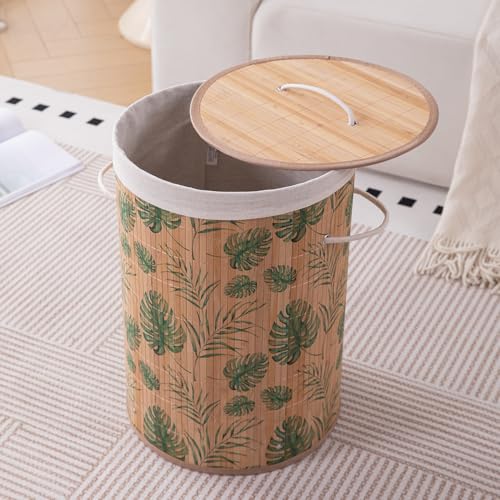 Image of HOKIPO Eco-Friendly Foldable Bamboo Laundry Basket Hamper with Lid, Large, 48 Litre, Tropical Leaves (AR-5750)