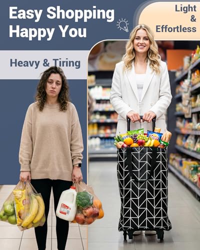 Image of Rolling Shopping Bag, Small Shopping Cart with Wheels,Collapsible Portable Waterproof Tote for Market & Grocery Runs-Gift for Women & Seniors(Black&Expandable Bag)