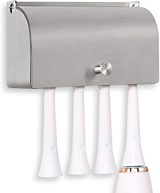 ANNGY Toothbrush Holder, 304 Stainless Steel Dustproof Wall Mounted Self Adhesive Toothbrush Storage Organizer Stand Rack (9cm(4 Brush Slots))