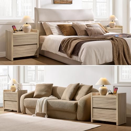 Image of SICOTAS Nightstands Set of 2 - Fluted Nightstand with Charging Station - 25 inch Tall Mid Century Modern Night Stands with 2 Drawers, Large Bedside Table for Bedroom, Sofa Side
