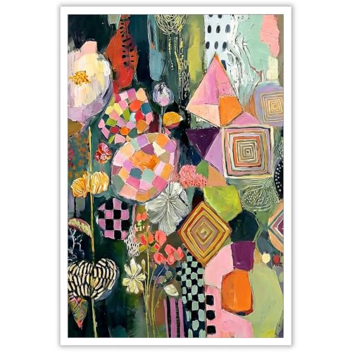 Vintage geometry Floral Poster Abstract Flower Canvas Wall Art Vibrant Boho Colors Mixed Style Artwork Prints Painting For Living Room Bedroom Apartment Wall Decor 16x20in Unframed