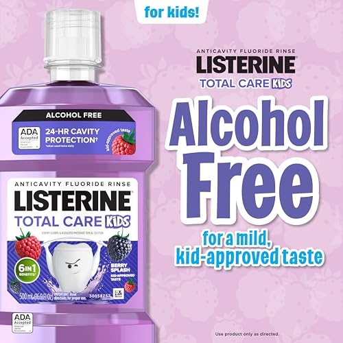 Image of Listerine Total Care Kids Mouthwash, ADA Accepted, Alcohol-Free Anticavity Sodium Fluoride Mouthwash, Oral Rinse for Cavity Protection, Berry Splash Flavor for Kids Oral Care, 16.9 Oz, 6-Pack