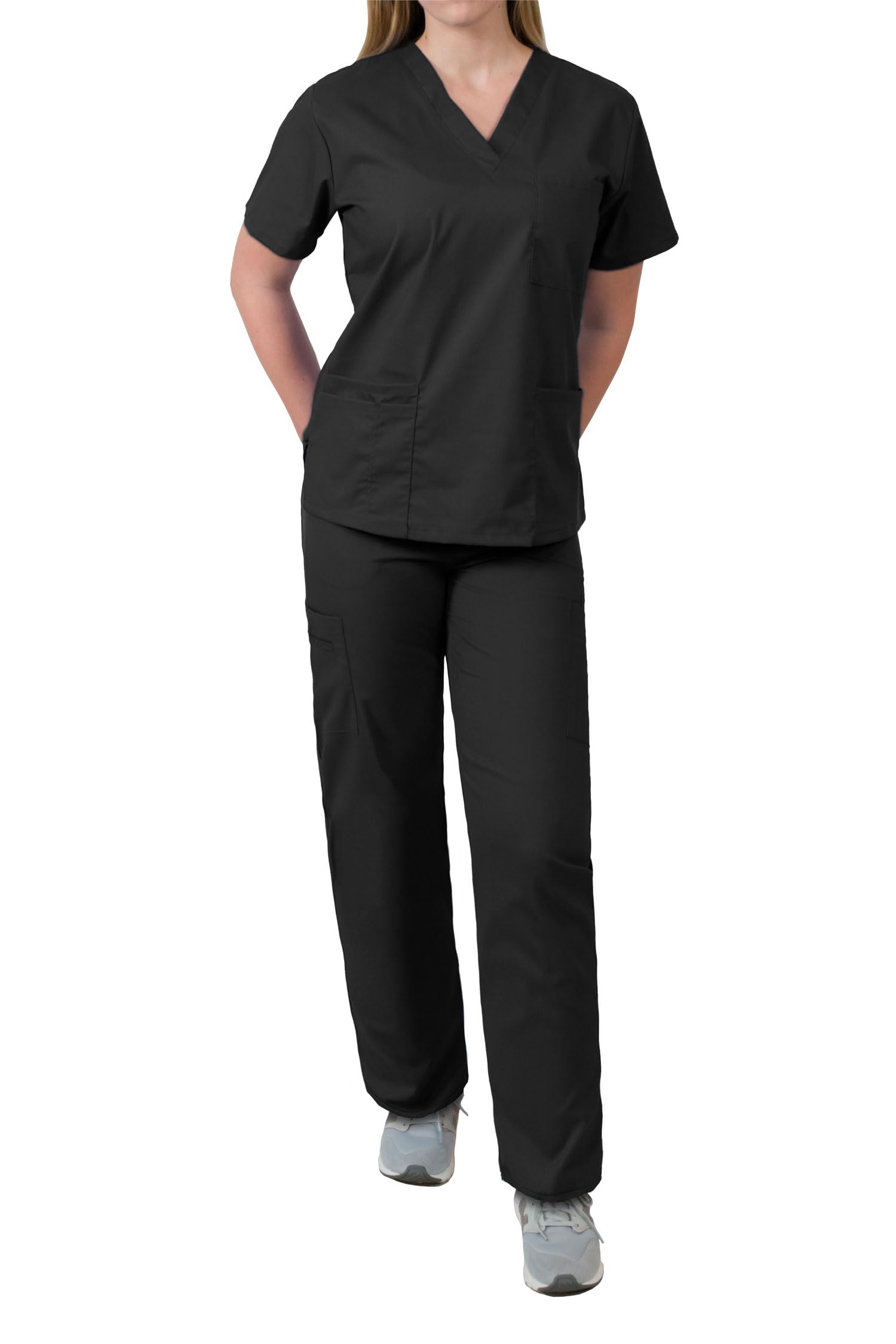 Medgear Womens Scrubs Set Medical Uniform – 4 Pocket Top & Multi-pocket Pants (L, Black)