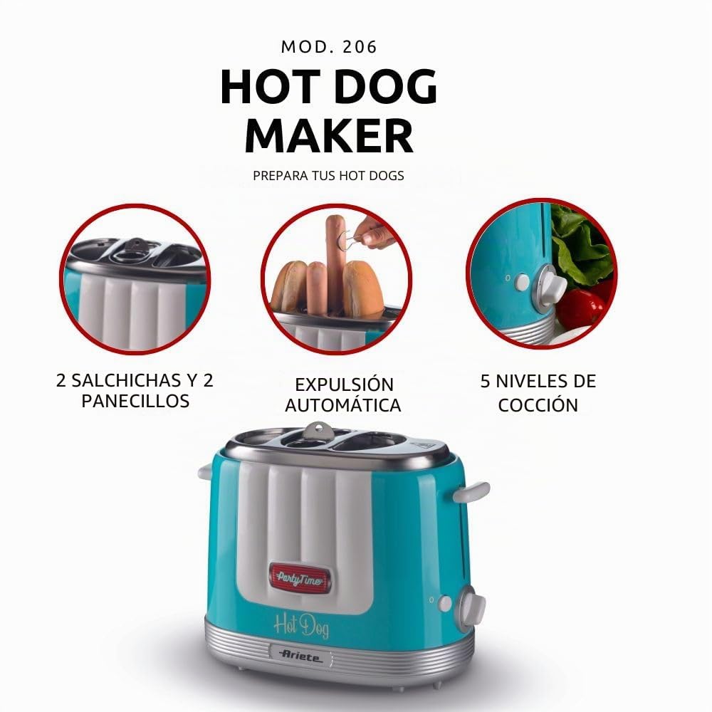 Ariete 206/01, Hot Dog Maker Party Time, Hot Dog Maker, 650 W, 5 niveles de cocción, 4 espacios de cocción, expulsión automática, azul claro