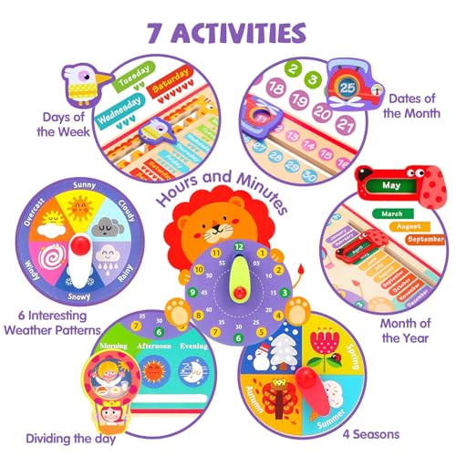 Image of Montessori Toys for 4 Year Old,Wooden Calendar and Teaching Clock for Kids Learning Clock for Telling Time, Date, Days of The Months, Seasons and Weather-Educational Toys for Boys and Girls（7 in 1）