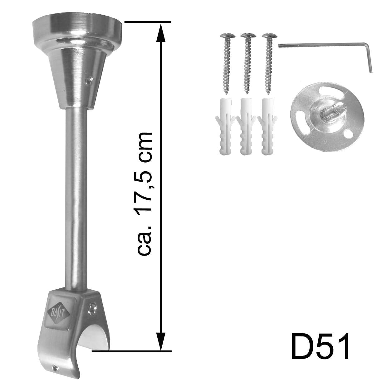 BASIT Gardinenstange Edelstahllook 20mm 1-läufig Decke 240cm lang D51R | Gardinenstangenset einläufig Deckenmontage Metall Vorhangstange Deckenhalterung 120-600cm wählbar Kappe mit Kristall E80