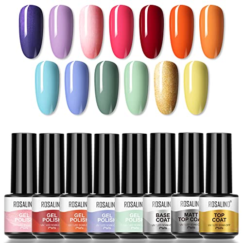 ROSALIND Esmalte Semipermanente de Uñas en Gel UV LED,13 pcs de Pintauñas Semipermanentes Verano Mini y Base Top Matte Gel Kit 16 Pcs