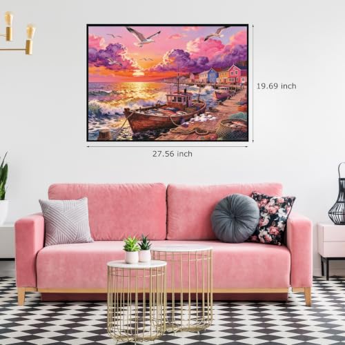 Rompecabezas de 1000 piezas Beach Sunset para adultos, paisaje costero con barco oceánico y casa frente al mar miniatura 2