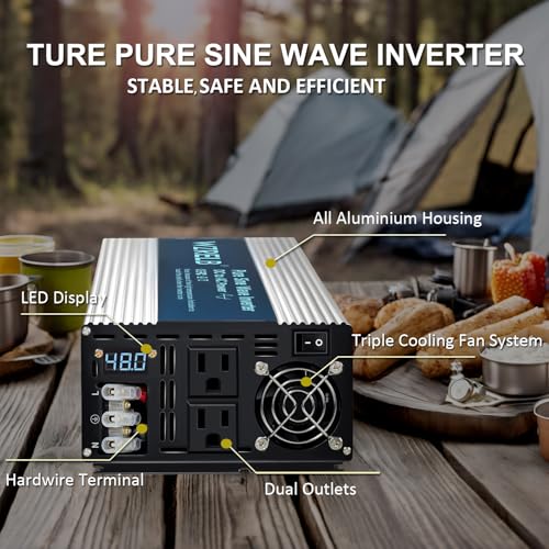 Image of WZRELB 3000W Pure Sine Wave Inverter 48V DC to 110V 120V AC Power Converter with LED Display, Hardwire Terminal,Off-Grid Portable Power Inverter with Dual AC Outlets for Home, RV, Truck, Camping