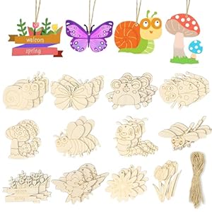 36Pcs Wooden Craft Shapes Blank Wood Ornaments DIY Woodens Crafts Kit Woodens Flower Butterfly Shapes for Kids Unfinished Wood Cutouts with Hole with Twine for DIY Crafts Home Decoration Craft Project
