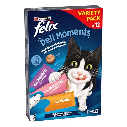 Felix Deli Moments Snack Liquidi per Gatti Adulti con Pollo, Salmone e Anatra, pack varietà da 12 Confezioni da 10g