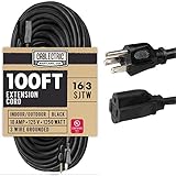 100 Foot Outdoor Extension Cord - 16/3 SJTW Black 16 Gauge Electrical Cable with 3 Prong Plug | Cabl