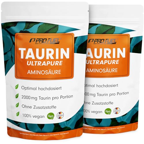 Taurin Pulver 2kg - mit 2000 mg Taurin pro Tagesportion - Taurin Ultrapure mit über 99,9% Reinheit - ohne Zusatzstoffe - laborgeprüft mit Zertifikat - 2x 1kg Taurin-Pulver