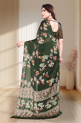 Image of SUPERLAXMI Women's Chiffon Floral Printed Saree with Blouse Piece