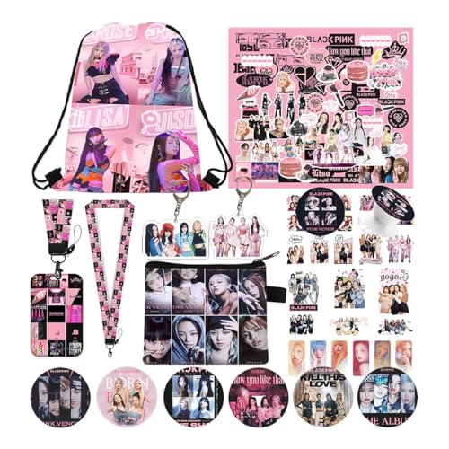 PJSTUG Merchandise de Blackpink, incluye bolsa con cordón, monedero, identificación, cordón, pegatinas, alfiler, soporte para teléfono, llavero, mercancía Kpop, multicolor, M
