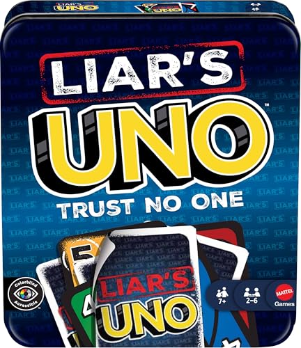 Mattel Games Liar’s UNO Card Game in Travel & Storage Tin for Adults, Kids, Families, Parties & Game Nights, Outwit Other Players with Bluffing & Trickery