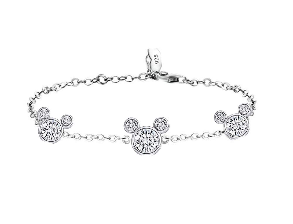 mixiueuroWomen Girls Micky Bracelets, 925 Sterling Silver Cubic Zirconia Mouse Bracelets Jewellery Gift For Girls Child