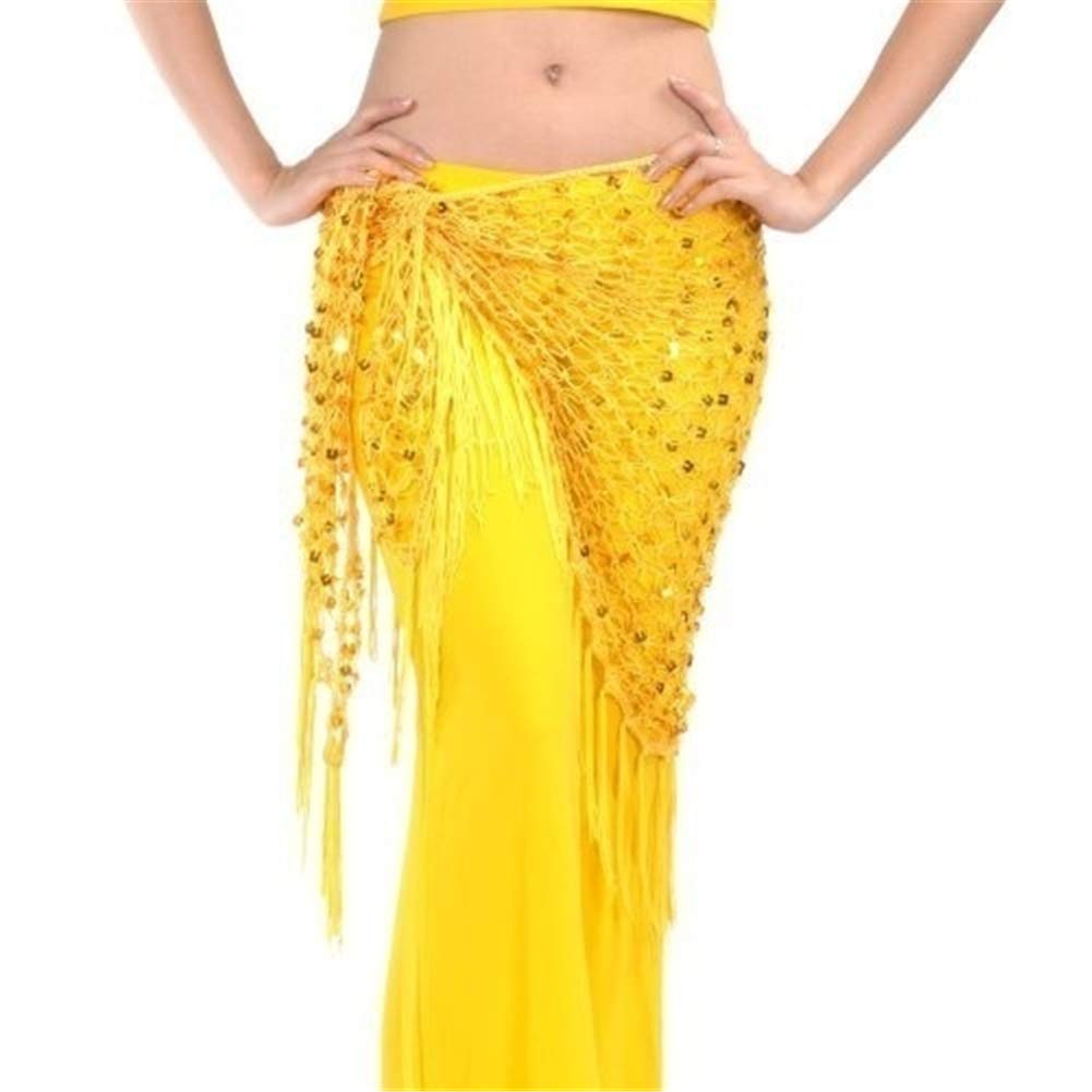 Miracle MakerYellow Belly Dance Practice Clothes Accessories Stretchy Long Tassel Triangle Belt Hand Crochet Belly Dance Hip Scarf Sequin
