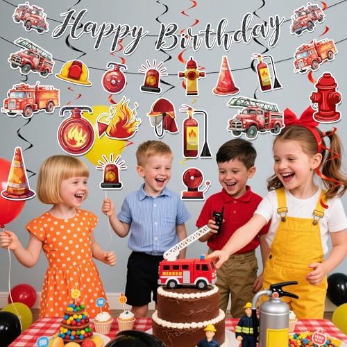 Image of Firetruck Birthday Party Decorations Include Fire Truck Happy Birthday Glitter Banner Firefighte Hanging Swirls Supplies for Fireman Birthday Theme Party Rescue Events