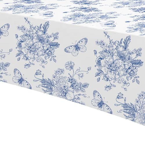 Image of Blue and White Floral Party Tablecloth Decorations, 3pcs Disposable Elegant Dusty Blue Flower Party Supplies Table Cover, for Birthday Baby Bridal Shower Wedding Chinoiserie Decor, 86in x 55in
