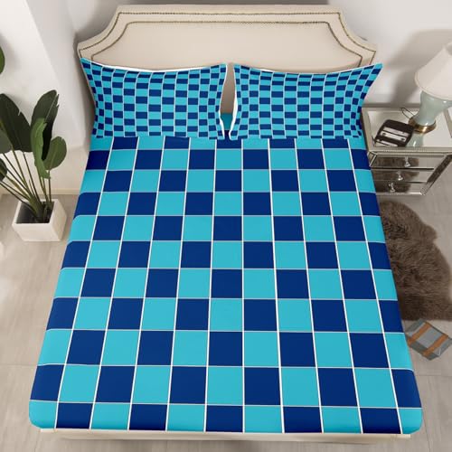 Image of Erosebridal Blue Plaid Bed Sheets Full Navy Blue Checkered Sheet Set Geometric Grids Gingham Bedding Set for Kids Boys Girls,Soft Lightweight Fitted Flat Sheets 4 Piece