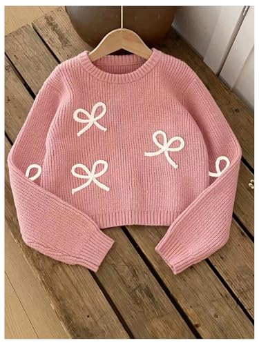 Image of BEAUDRM Girl's Cute Bow Sweater Crew Neck Long Sleeve Drop Shoulder Loose Pullover Tops