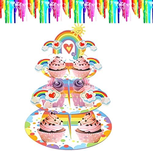 Rainbow Theme Birthday Party Decorations, Rainbow Birthday Party Supplies Favors for Girl, 3-Tier Rainbow Cardboard Cupcake Stand for 24 Cupcakes, Rainbow Cupcake Toppers Decoration at Table