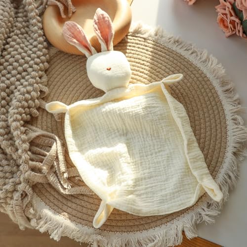 Image of insular Bunny Lovey Blanket for Boys and Girls, Organic Cotton Muslin Security Blanket for Babies, Soft Breathable Lovie Soothing Towel for Newborn and Infant, Beige