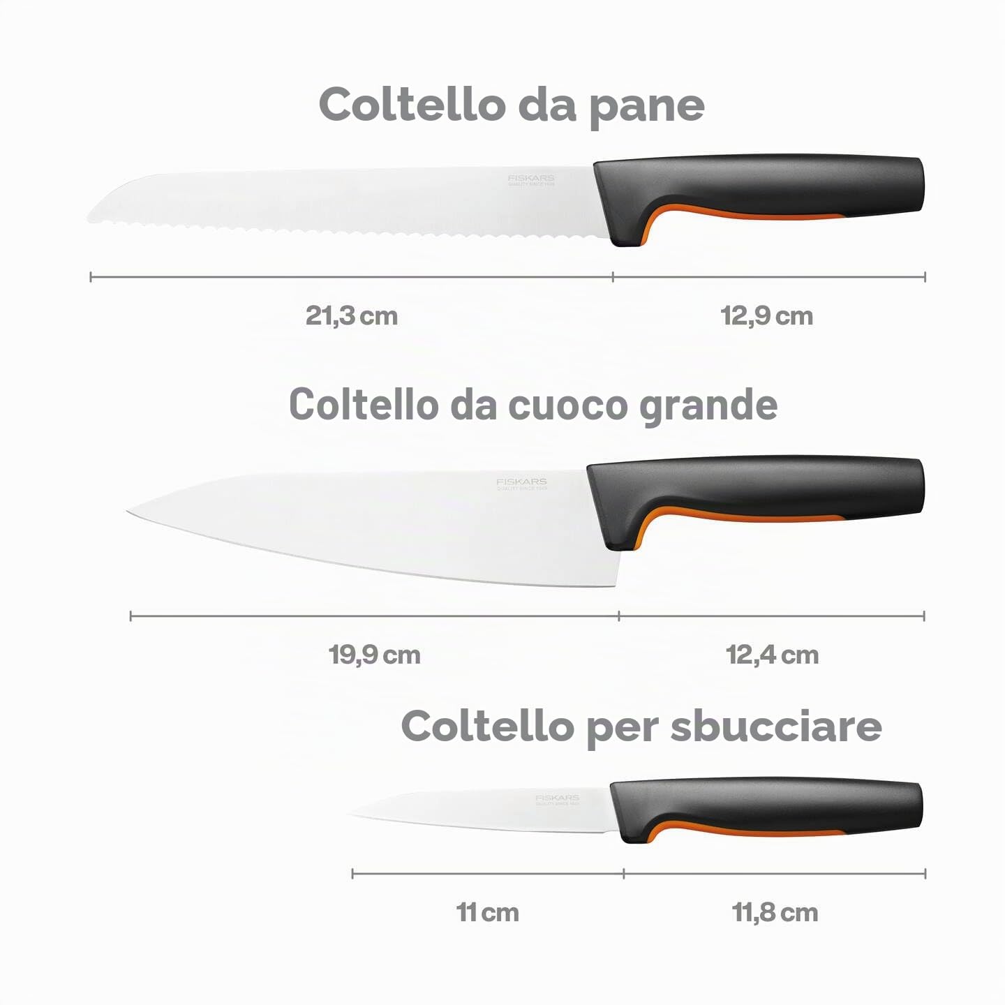 Fiskars Set di Coltelli da Cucina, 3 Pezzi, Functional Form | Inclusi Coltello da Cucina (medio), Coltello per Verdure e Coltello da Pane, Acciaio Inox Giapponese/Plastica, 1057559