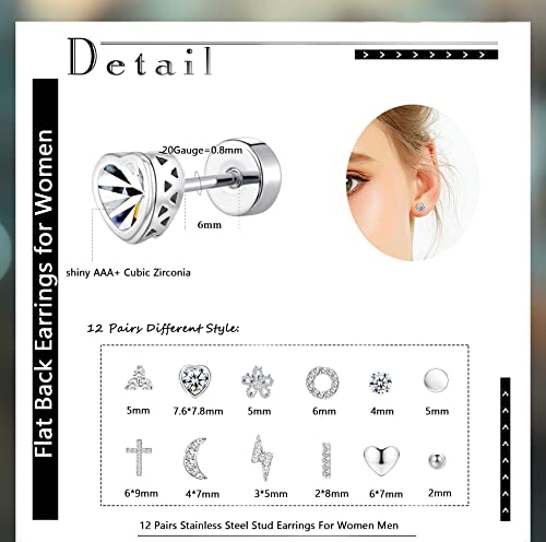 12 Pairs Stainless Steel Stud Earrings Set For Women Men Ball Cross Flower Heart Cz Pearl 20G Cartilage Earring Hypoallergenic Flat Back Earrings Piercing Jewelry (Silver-Cleartone) #TOP1