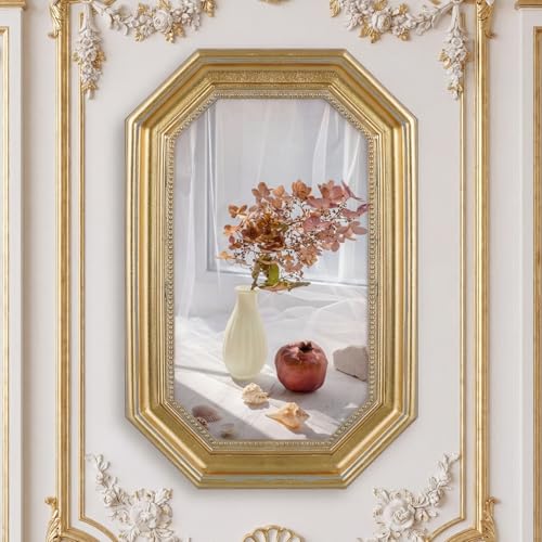 Image of Wonderjune 7x9 Inch Vintage Gold Picture Frame, Carved Resin Antique Ornate Frame for Tabletop or Wall Hanging Display, Victorian Baroque Home Decor(Octagon)