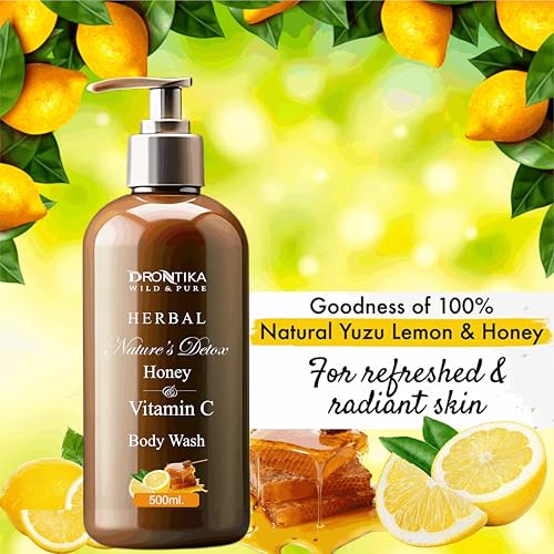 Image of Drontika Wild & Pure Nature Detox Body Wash, 1000ml Shower Gel, 100% Natural Lemon & Honey With Citrus Essential Oil & Lemongrass Extracts for pH Balanced, Free of Parabens & Silicones
