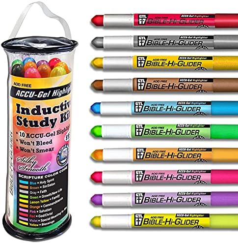 G.T. Luscombe Company, Inc. Accu-Gel Bible-Hi-Glider Inductive Bible Study Set | No Bleed Solid Gel Highlighter | No Smearing or Fading | Long Lasting Bright Translucent Colors (Set of 10)