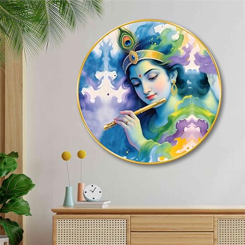 Image of SAF Lord Krishna Wall Painting - Divine Flute Art in Round Golden Frame | Spiritual Wall Decor for Living Room, Bedroom, Pooja Room & Office | Hindu Religious Home Decoration (23 X 23 Inch) GR-289
