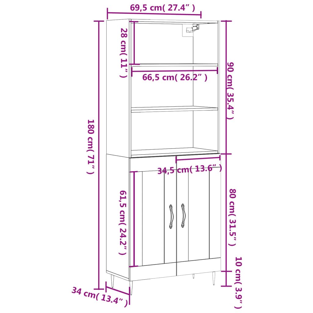 Tomostar Buffet Haut Cuisine, Buffet de Cuisine Meuble de Rangement Armoire Vaisselier Gris béton 69,5x34x180 cm Bois d'ingénierie