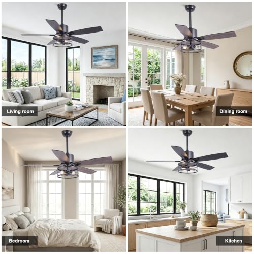 Image of 46 inch Farmhouse Ceiling Fan with Lights Remote Rustic Ceiling Fan | Industrial Caged Fandelier, Black Chandelier Light for Living Room Indoor Outdoor, Reversible DC Motor 6 Speeds, 2 E26 Bases