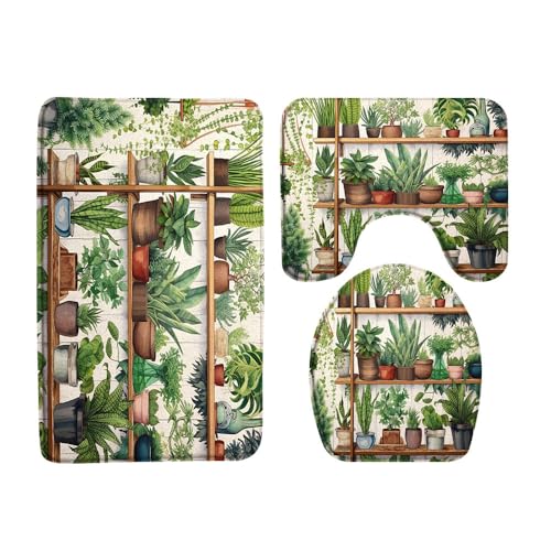 VPUPCN Potted Plants 3 Pcs Bath Rugs Set,Green Cactus Leaf Tropical Succulent Plant Boho Floral Botanical Greenhouse Bathroom Kitchen Rug with 16