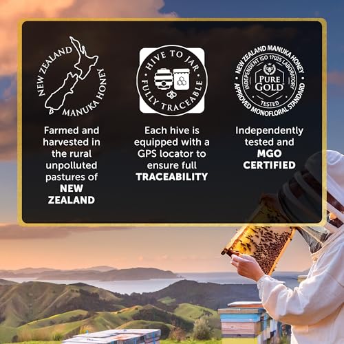 Pure Gold Manuka-Honig 525+ 500 g, Honig aus Neuseeland, im Kunststoffbehälter, MBO-zertifiziert und nach MPI-Standards
