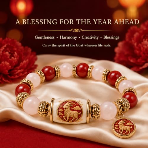 2027 Year of the Goat Bracelet for Women, Chinese Zodiac Goat Beaded Stretch Bracelet with Goat Charm Red Pink Lunar New Year Jewelry Chinese New Year Gift with Card Box - Image 4