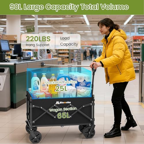 Collapsible Wagon with Wheels, 220 lbs Wagons Carts Foldable Wagon Cart with Flexible Handle, Lightweight Portable Folding Utility Grocery Shopping Cart for Grocery Sports Garden Camping
