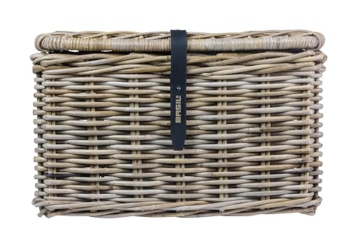 Basil DAX L Rattan Fahrradkorb, Stilvoller rechteckiger Aufbewahrungskorb mit Deckel und Kunstledergriffen, Grau, Handgeflochten, 30 l Volumen, Ideal für Damen- und Herrenfahrräder, Umweltfreundlich