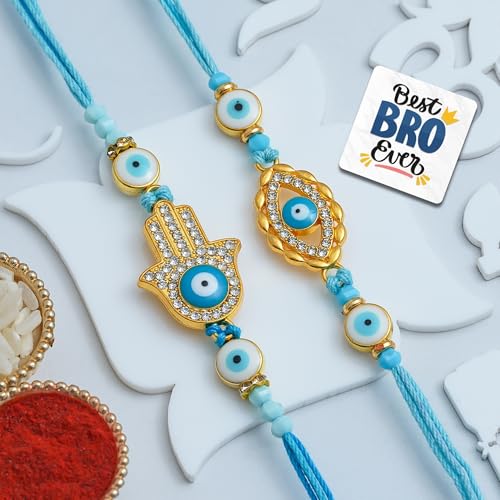 Image of eCraftIndia Hamsa Hand Evil Eye Rakhi Set of 2 | Rakhi for Brother Bhaiya Bhai with Best Bro Ever Fridge Magnet | Roli Chawal Pack