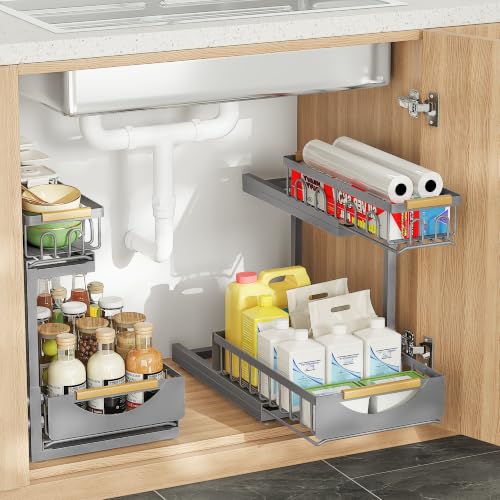 Image of Under Sink Organizer and Storage for Bathroom and Kitchen - 2 Pack 2 Tier | Cabinet Pull Out Shelf Organizers - Slide Out Drawer Organization for Home Cabinets Shelves and Drawers