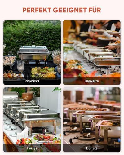 Wilprep Chafing Dish Speisewärmer 9L 4pcs Edelstahl Warmhaltebehälter Wärmebehälter Edelstahl Buffet-Set für Catering Buffet und Party (Silber)