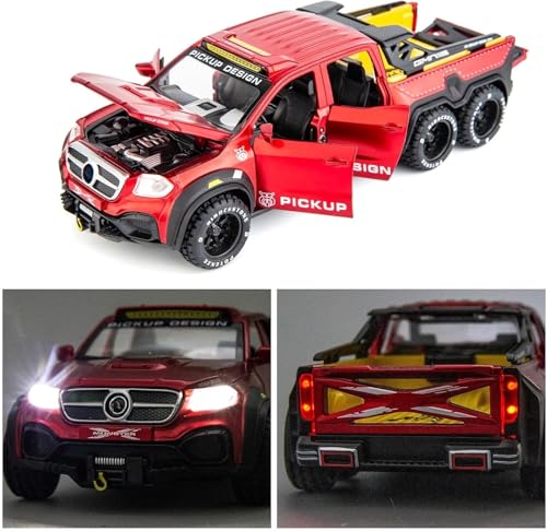 Image of 1:28 Pickup X-Class Model Car Diecast Zinc Alloy Pull Back Toy with Sound & Light Realistic Design Durable Kids Toy for Boys & Girls Collectible Gift 3+ Years (Red)